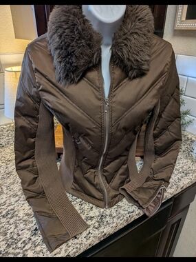 Blanc Noir Brown Quilted Puffer Jacket with Faux Fur Collar